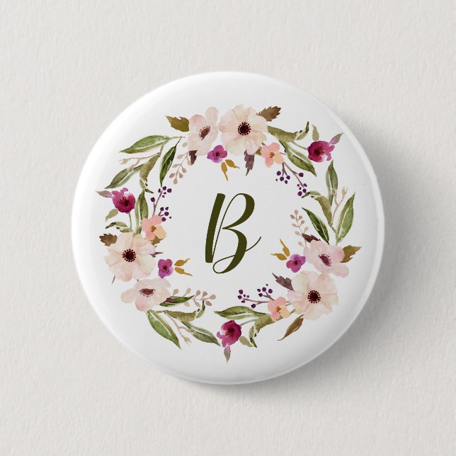 Vattenfärg Bohemiskt Blommigt Utandning Monogram Knapp (Framsida)