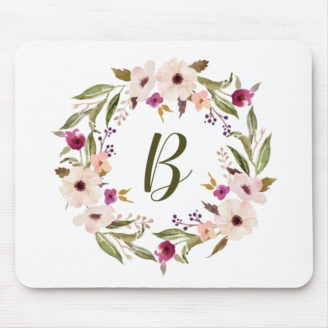 Vattenfärg Bohemiskt Blommigt Utandning Monogram Musmatta (Framsidan)