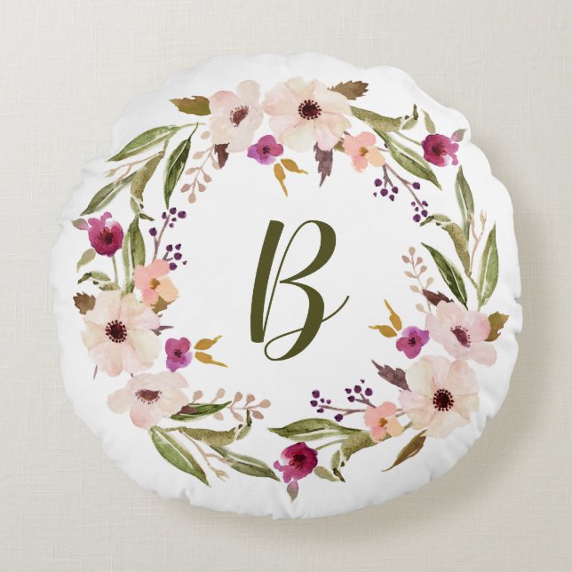 Vattenfärg Bohemiskt Blommigt Utandning Monogram Rund Kudde (Framsidan)