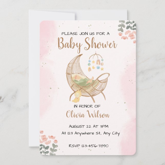 Vattenfärg Boho Bebis Shower Måne Inbjudan (Framsida)