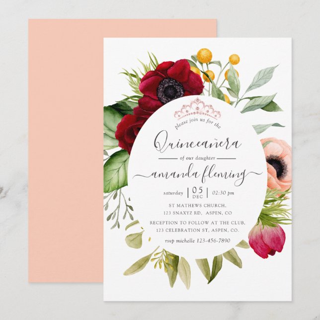 Vattenfärg Boho Blommig Quinceañera Inbjudningar (Fram/baksida)
