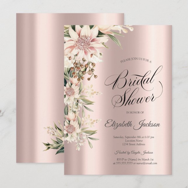 Vattenfärg Boho blommor Rose Gold Bröllopsdusch Inbjudningar (Fram/baksida)