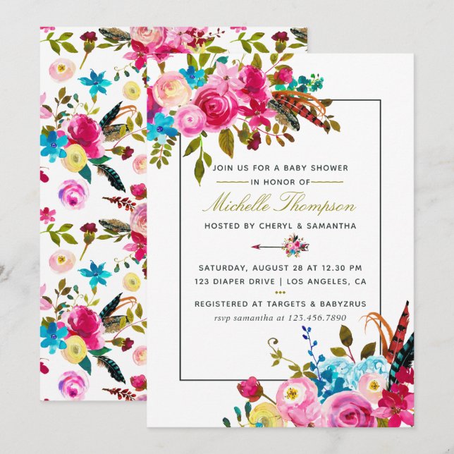 Vattenfärg Boho Chic Blommig Baby Shower inbjudan (Fram/baksida)