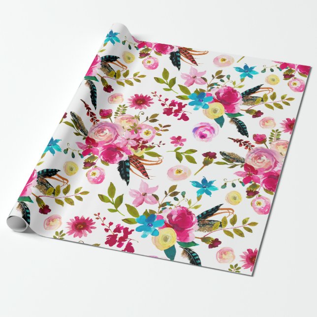 Vattenfärg Boho Chic Blommig Bröllop Presentpapper (Utrullad)
