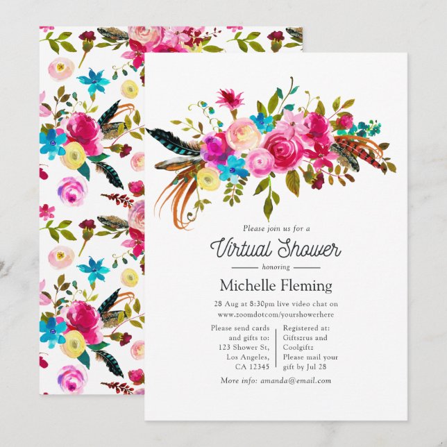 Vattenfärg Boho Chic Blommig Virtuell Bebis Shower Inbjudningar (Fram/baksida)