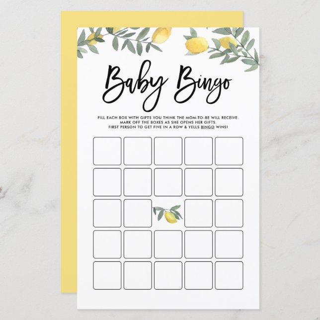 Vattenfärg Boho Citroner Baby Shower Bingo Spel (Fram/baksida)