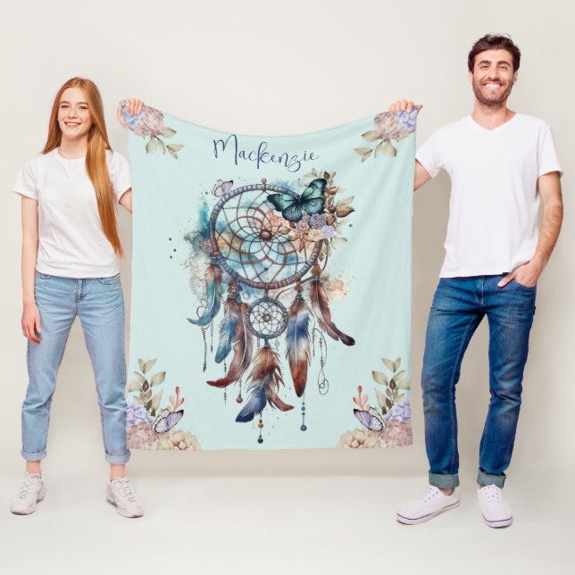 Vattenfärg Boho Drömfångare Personligt Namn Fleecefilt (På plats)