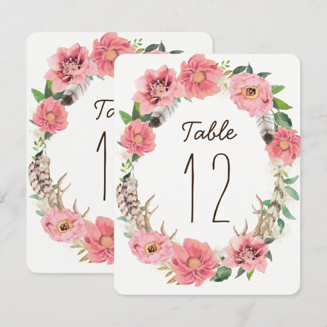 Vattenfärg Boho-fjädrar Bord Nummerkort Inbjudningar (Fram/baksida)