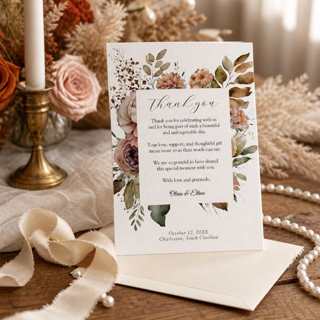 Vattenfärg Boho Höst Blommig Bröllop Tacksamhet  Tack Kort (Elegant watercolor Boho Fall Floral wedding Thank you card)