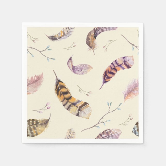 Vattenfärg Boho Nature Rustic Feathers Pappersservett (Framsidan)