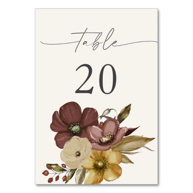 Vattenfärg Boho Neutral Bröllopsbord 20 Nummer Bordsnummer (Framsidan)
