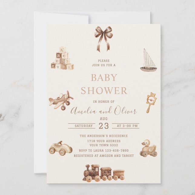 Vattenfärg Boho Nursery beige leksaker  barnkalas Inbjudningar (Framsida)