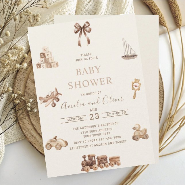 Vattenfärg Boho Nursery beige leksaker  barnkalas Inbjudningar (Skapare uppladdad)