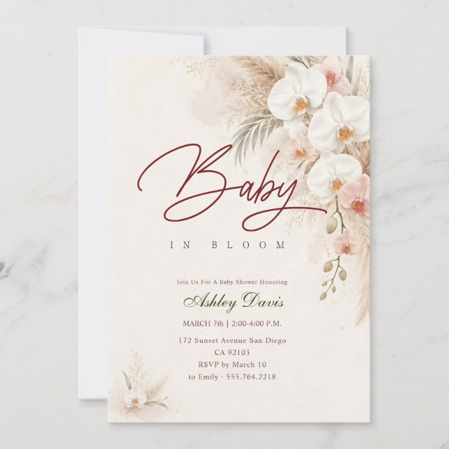 Vattenfärg Boho Orkidé Blommar Babykalas Inbjudningar (Framsida)