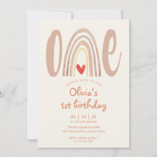 Vattenfärg Boho Regnbåge Hjärtat 1-års Födelsedag Inbjudningar