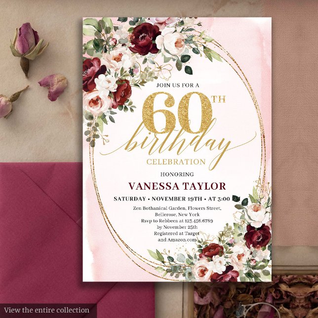 Vattenfärg Boho Rosé Burgunder 60-års Födelsedagsk Inbjudningar (Watercolor Boho Blush Burgundy 60th Birthday)