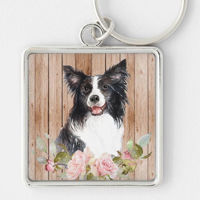 Vattenfärg Border Collie & Blommor  Fyrkantig Silverfärgad Nyckelring (Framsidan)
