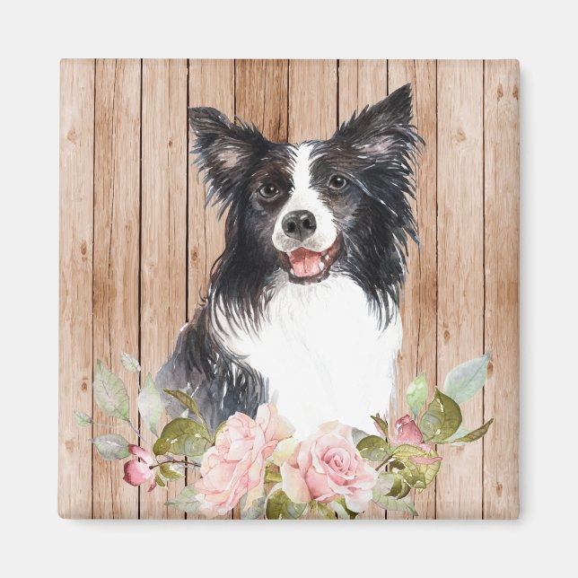 Vattenfärg Border Collie & Blommor  Magnet (Framsidan)