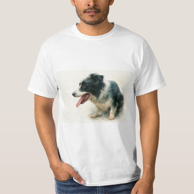 Vattenfärg Border Collie Hund Konst T-Shirt  (Framsida)