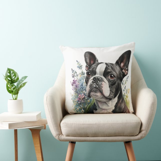 VATTENFÄRG BOSTON TERRIER HUND MED BLOMMOR KUDDE (Stol)