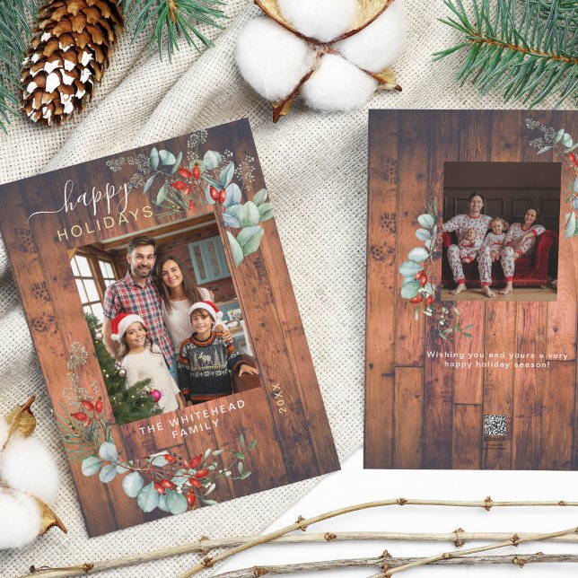 Vattenfärg Botanical Greenery Rustic Wood Photo Julkort (You will love these beautiful Christmas cards! They feature botanical watercolor pine and berries.)