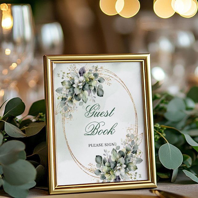 Vattenfärg Botanisk Gästbok Bordsskylt Poster (Watercolor Botanical Guest Book Tabletop Sign)