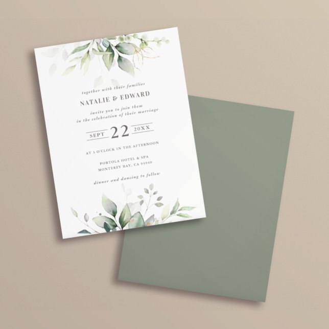 Vattenfärg botanisk grön guld elegant bröllop reklamblad (Skapare uppladdad)