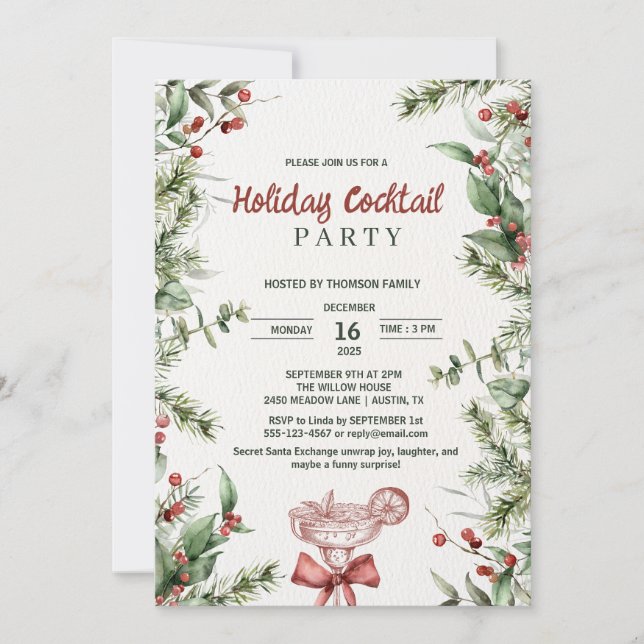 Vattenfärg Botanisk Holiday Cocktailfest Inbjudningar (Framsida)