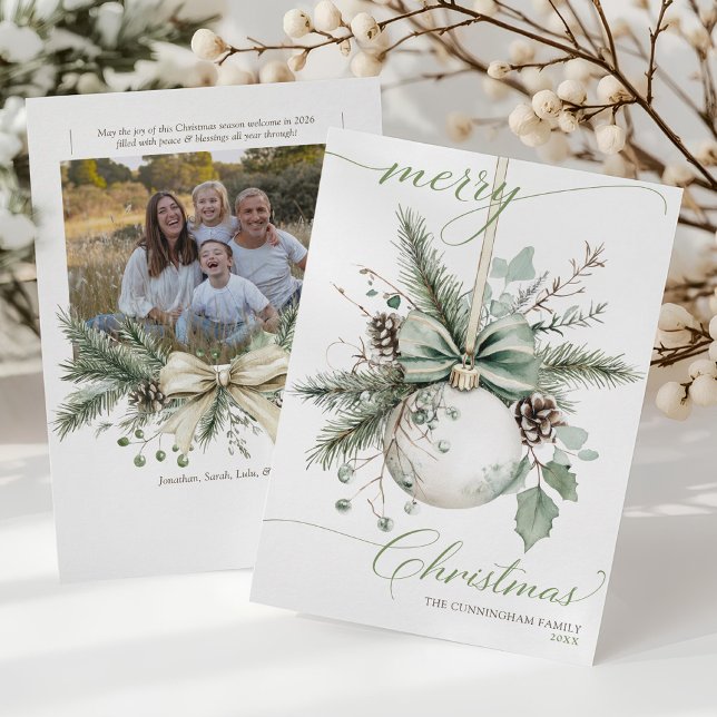 Vattenfärg Botanisk Julgransprydnad Foto Julkort (Watercolor botanical greenery ornament elegant Merry Christmas script gold bow photo holiday cards)