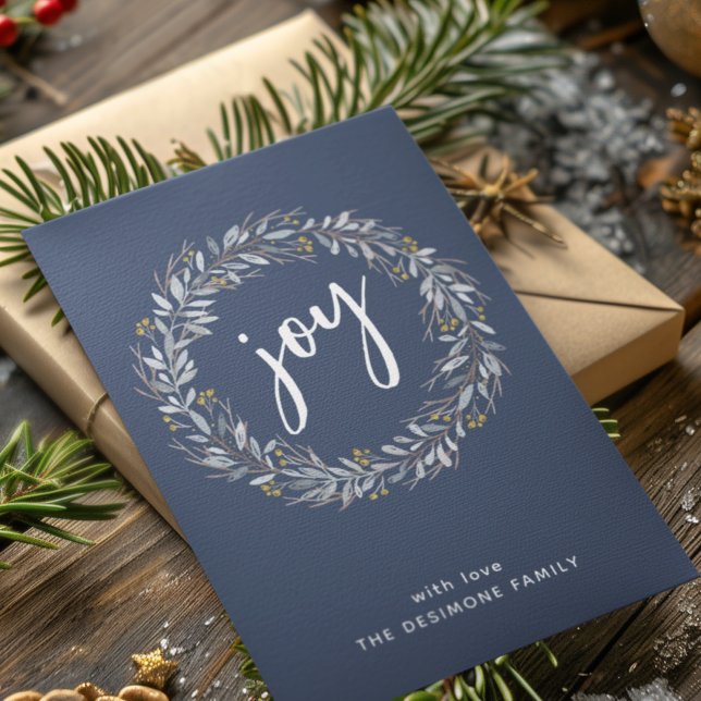 Vattenfärg botanisk krans glädje blå jul julkort (Skapare uppladdad)