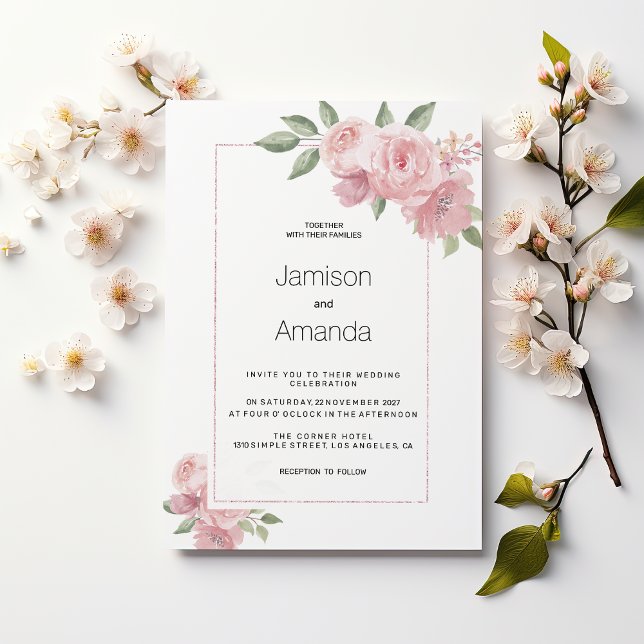 Vattenfärg botanisk pastell rosa blommande bröllop inbjudningar (Watercolor botanic pastel pink floral Wedding )