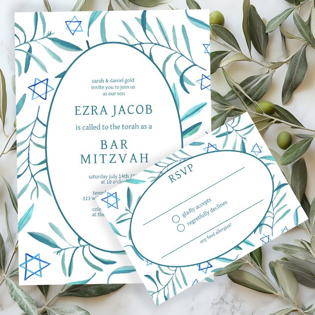 Vattenfärg Botanisk Stjärna David Bar Bat Mitsva OSA Kort (Watercolor Botanical Star David Bar Bat Mitzvah RSVP Card
)