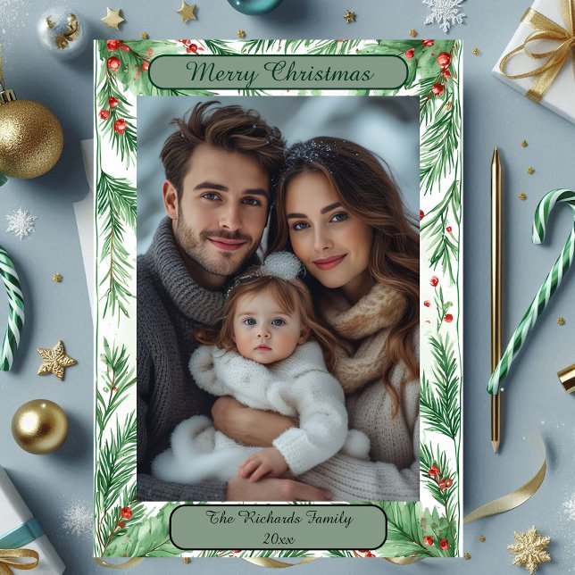 Vattenfärg Botanisk Vintage Grön Jul Foto Julkort (Watercolor Botanical Vintage Green Christmas Photo Holiday Card)