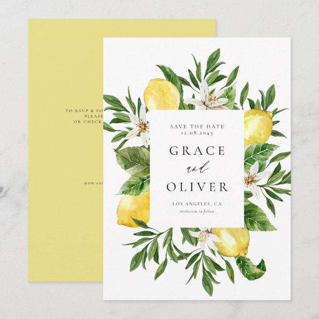 Vattenfärg Botaniska Lemon Blommar Ram QR-kod Spara Datumet (Fram/baksida)