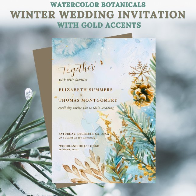 Vattenfärg Botaniska Vinterbröllop Guldaccents Inbjudningar (Watercolor Botanicals Winter Wedding Invitation with Gold Accents)
