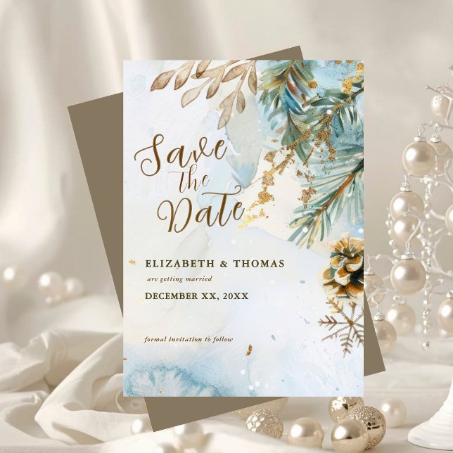 Vattenfärg Botaniska Vinterbröllop Guldaccents Spara Datumet (Watercolor Botanicals Winter Wedding Gold Accents Save The Date)