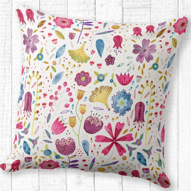 Vattenfärg Botaniska Wildblommor Hedgerow Painting Kudde (Watercolor floral wildflower pattern throw pillow)
