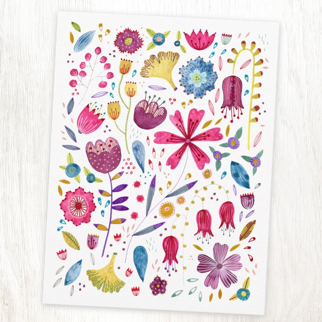 Vattenfärg Botaniska Wildblommor Hedgerow Painting Vykort (Watercolor wildflower art postcard)