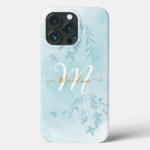 Vattenfärg Botaniskt Löv Foliage Blue Monogram
