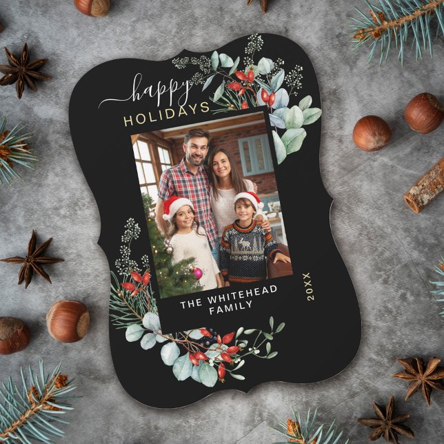 Vattenfärg Botaniskt Lycklig-Helgdag fotosvart Julkort (You will love these beautiful Christmas cards! They feature botanical watercolor pine and berries.)
