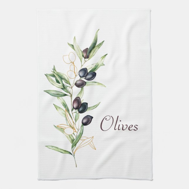 Vattenfärg Botaniskt Olive Gren Tea Towel Kökshandduk (Vertikal)