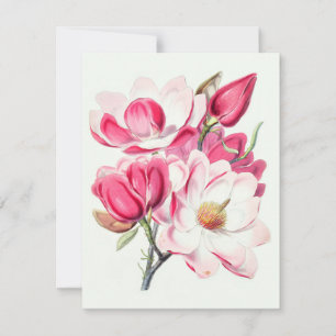 Vattenfärg Botaniskt Rosa Magnolia Flowers Julkort