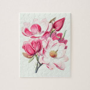 Vattenfärg Botaniskt Rosa Magnolia Flowers Pussel