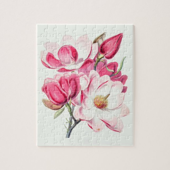 Vattenfärg Botaniskt Rosa Magnolia Flowers Pussel (Vertikal)