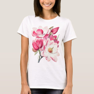 Vattenfärg Botaniskt Rosa Magnolia Flowers T Shirt