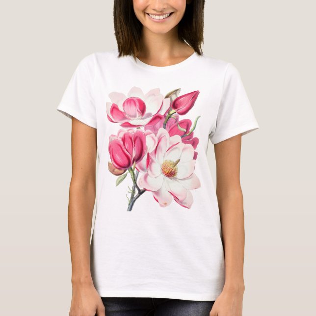 Vattenfärg Botaniskt Rosa Magnolia Flowers T Shirt (Framsida)