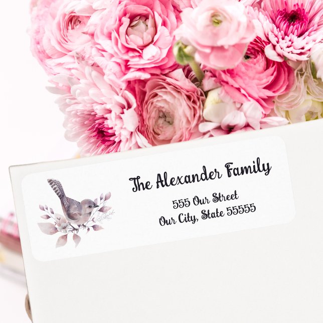 Vattenfärg Botaniskt Söt Bird and Rosa Foliage Returadress Etikett (Skapare uppladdad)
