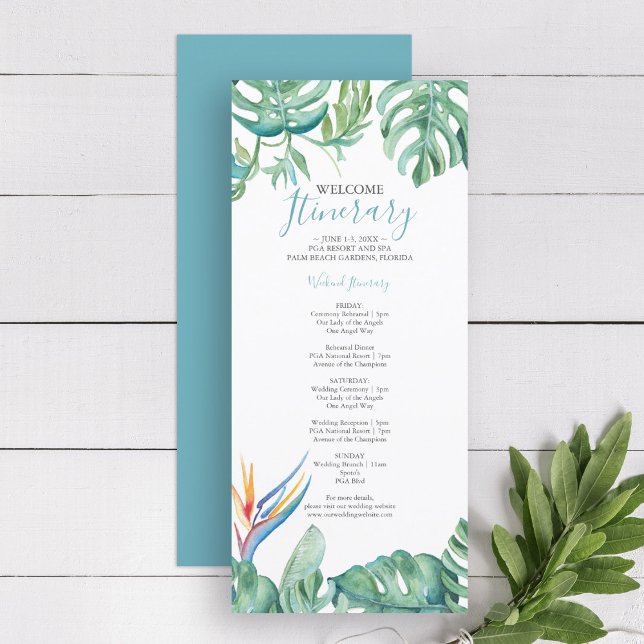Vattenfärg botaniskt Tropical Bröllop Itinerary (wedding itinerary template tropical watercolor bird of paradise and palm leaves Victoria Grigaliunas)