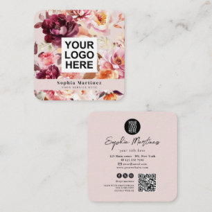 Vattenfärg Bouquet Blommig Burgunder & QR-kod Logo Fyrkantigt Visitkort