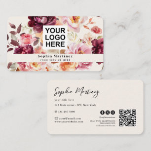 Vattenfärg Bouquet Blommig Burgunder & QR-kod Logo Visitkort